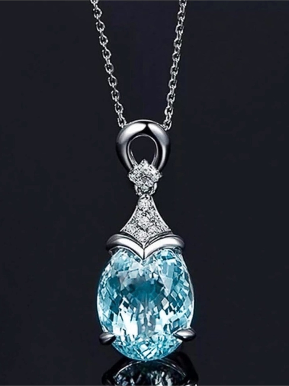 Pear-Cut Aquamarine Blue Crystal Pendant Necklace - Silver Tone